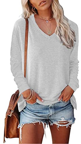 FANGJIN Damen Einfarbig Sport Shirts Pullover Langarm Oberteile Tshirt Sommer elegant Sweatshirt lose modern Tops Winter T-Shirt Bluse weiß Business Fitness Kleidung 2023 Clothes L