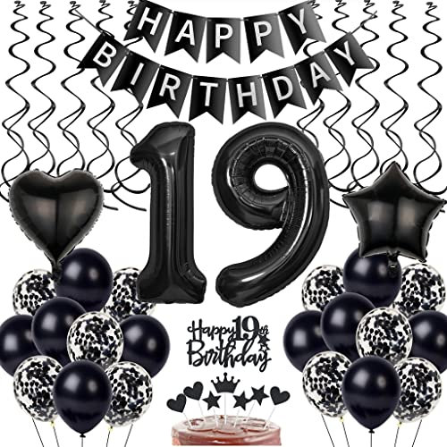 Schwarz 19. Geburtstag Dekoration, Luftballon 19. Geburtstag Deko, Schwarz Tortendeko 19 Jahre Junge, Deko 19. Junge Mädchen, Deko 19. Ballons