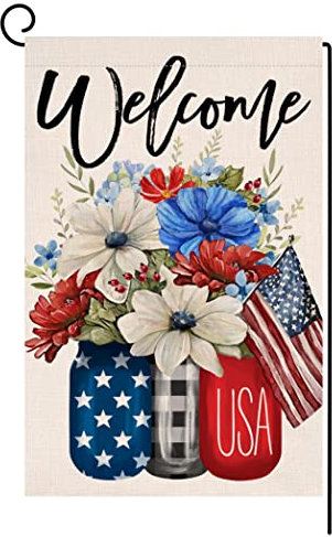 Drapeau de jardin floral du 4 juillet 30,5 x 45,7 cm vertical double face patriotique pot fleurs rouge bleu commémoratif jour de l'indépendance vacances décorations extérieures drapeau de cour en