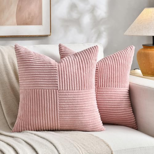 Fancy Homi Lot de 2 housses de coussins décoratifs rose poudré 16x16 pouces (40x40 cm) pour salon canapé lit, décoration maison rustique fermière bohème, étui coussin carré en velours côtelé texturé