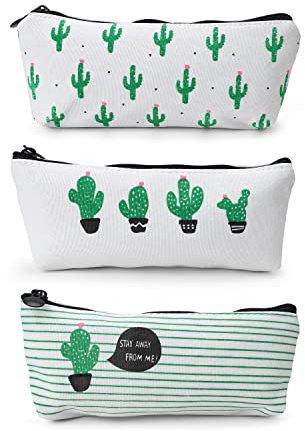 3 Stück Pencil Case Aesthetic, JANDH Grüner Kaktus Federtaschen, Weißes Federmäppchen aus Segeltuch für Schule und Büro