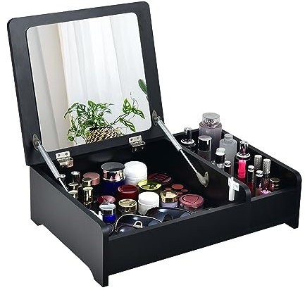 RELAX4LIFE Desktop Cosmetic Organizer, 2 In 1 Makeup Countertop Storage Box Flip-Top Mirror, Protable Mirrored Vanity Table for Girls Women (Black)