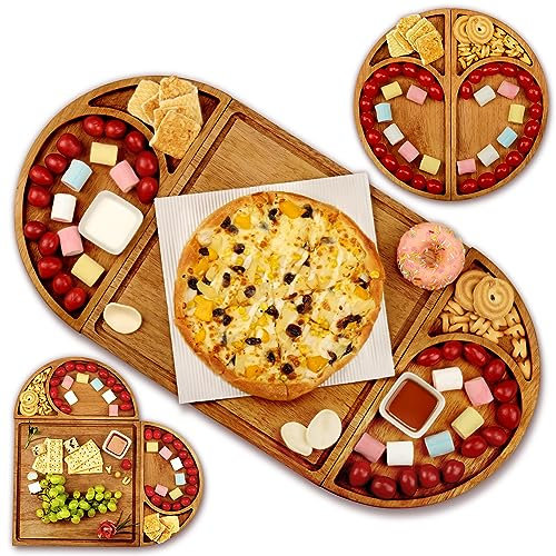 Large Charcuterie Board Set - Cheese Board Set - 3 Part Unique Long & Round - Magnetic Acacia Wood Cheese Boards & Charcuterie Boards Gift Set - Wooden Tray Serving Board Platter - Wine Party - 26x13