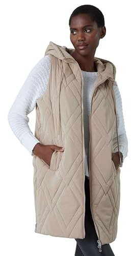 Roman Originals Quilted Gilet with Hood for Women UK Ladies Sleeveless Coat Hooded Jacket Padded Bodywarmer Winter Lightweight Warm Autumn Funnel Neck Longline Soft Bubbly - Beige - Size S