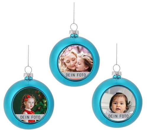 MilyaDE 3 Stück Weihnachtskugeln mit eigenem Bild, Kunststoff innen Glitzer Lametta 6cm, Christbaumkugeln Personalisierte selbst gestalten, Blau