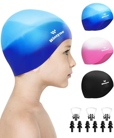 Winsyne 3 Stück Badekappe Kinder Jungen Mädchen, Unisex Schwimmkappe Silikon für Kleinkinder von 3–15 Jahren, wasserdichte Bademütze für Kurzes/Langes Haar um das Haar Trocken zu Halten