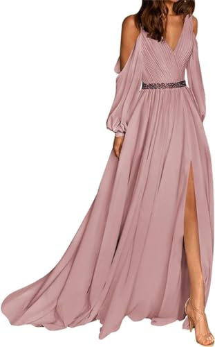 WSEYU Robes de demoiselle d'honneur à épaules dénudées pour mariage robe formelle à manches longues avec fente perlée en mousseline de soie robe de soirée, vieux rose, 44