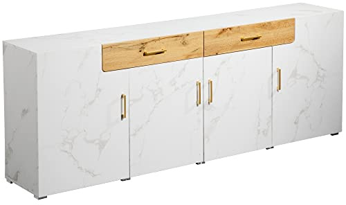 Azkoeesy Mueble de Cocina de 208cm de Largo, aparador, Mueble de TV, cómoda, 4 Puertas y 2 cajones, diseño con Estampado de mármol, Tiradores de Metal Dorado, para Comedor, salón, Cocina