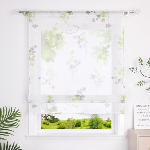 Heichkell Raffrollo mit Tunnelzug Leinenoptik Gardine Tranparent Vorhang Bedruckte Raffgardine mit Blumen Grün BreitexHöhe 140x140 cm