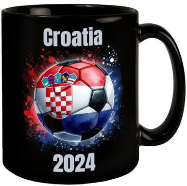 Fußball Kroatien Flagge Tasse in Schwarz EM 2024 Fanartikel Sportbegeisterte Ballmotiv Landesfarben Rot-Weiß