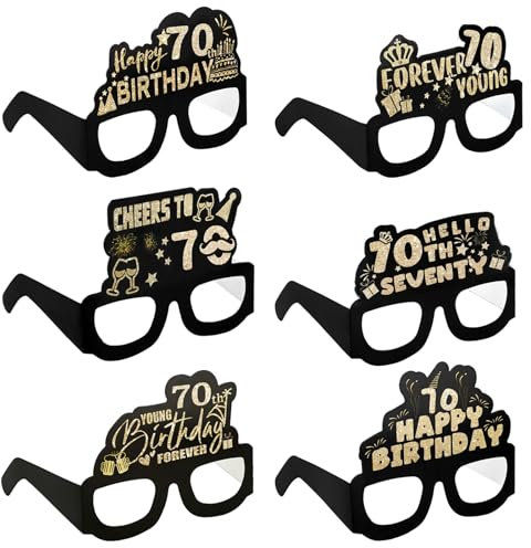 Grevosea 6 Pieces Birthday Party Paper Eyeglasses Decoration, 70st Birthday Sunglasses Happy Birthday Photo Booth Props Supplies for Her Birthday Party Girls Women Party Favors Decors Gift (70th)