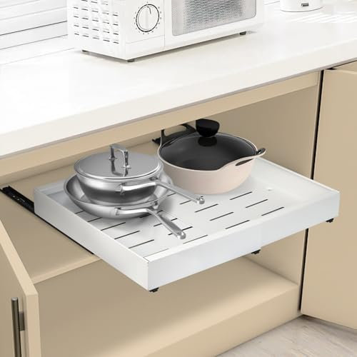 Ulable Extendable Pull Out Cabinet Organizer - White Slide Out Drawer for Kitchen Cupboards - No Drill Adjustable Pull Out Kitchen Storage with Adhesive Film (Adjustable Width 32-52CM)