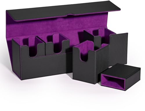 UAONO Card Deck Box with Dice Tray for MTG, 5 in 1 Card Deck Case Holds 800+ Unsleeved Cards, Strong Magnet Organizer Compatible with Yugioh TCG Sports Cards (Black Purple)