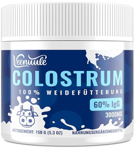Veenuule Colostrum en Poudre, Contient 60% d'IgG Naturelles (Immunoglobulines), Colostrum de Vache Nnourrie à l'herbe Pour la Santé Intestinale et l'énergie, Sans Saveur, 50 portions (Paquet de 1)
