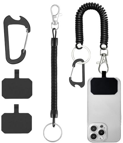 Ruzister Schwarze Federkordelbänder für Mobiltelefone, Handy-Tether-Lanyard, Anti-Diebstahl-Handyband mit Karabiner, passend für die meisten Mobiltelefone