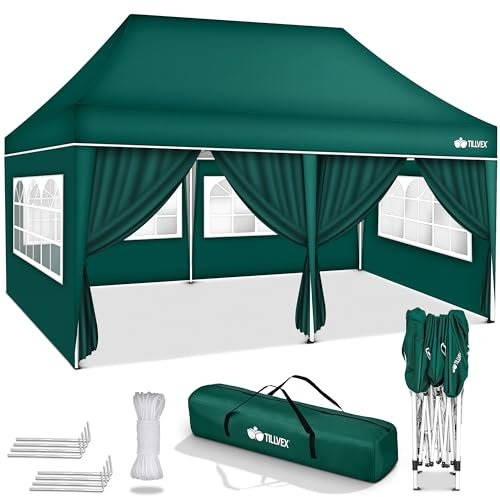 tillvex Pavillon 3x6m wasserdicht | Pop-Up Faltpavillon höhenverstellbar | Gartenzelt UV Schutz 50+ | Partyzelt mit Tasche für Garten (Grün - mit 6 Seitenteilen)