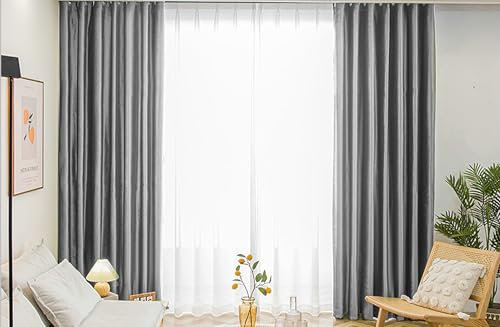 Whoiy Schlafzimmer Vorhänge Grau Einfarbig mit Ösen 115 cm Hoch, Blickdicht Gardine Vorhang Samt Fenstergardinen für Wohnzimmer, 115x96 cm