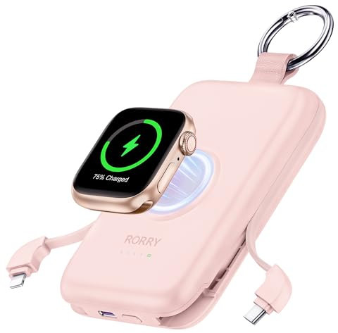 RORRY Power Bank with Built in USB-C/iOS Cables, 10000mAh PD 20W Portable Charger with 3 Outputs, Powerbank Fast Charging Compatible with iPhone 16/15/14 Series, Samsung, Apple Watch and AirPods