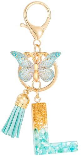 MWOOT Letter S Keychain Initiale Buchstaben-Schlüsselanhänger,Alphabet Harz Key Chain mit Schmetterling Quaste Anhänger Handtasche Geldbörse Charm,Grün Keyring für Frauen(L)