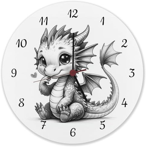 speecheese niedlicher Babydrache Wanduhr aus Alu Süßer Ruhender Drache Niedliche Pose Dasitzendes Fantasiewesen Deko für Kinderzimmer