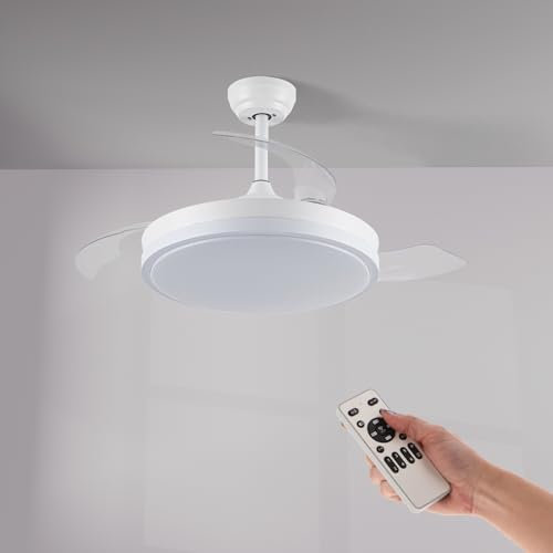 Casa Shop Ventilador de techo con luz LED 68W Aspas plegables con Mando a Distancia Motor DC Intensidad Regulable,Silencioso (Blanco Liso)