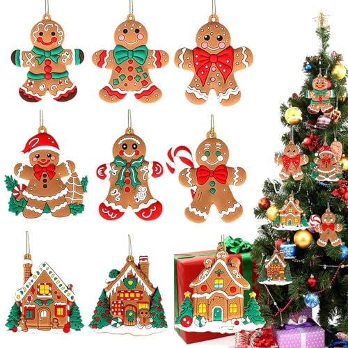 9Pcs Christmas Gingerbread Man & House Hanging Ornaments with Strings - Gingerbread Christmas Tree Decorations
