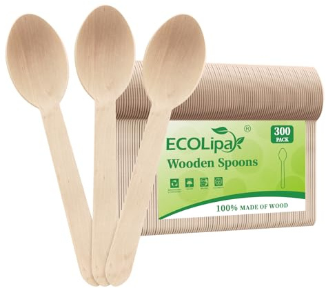 ECOLipak 300 Count Wooden Disposable Spoons, Compostable Wooden Spoons for Party, Camping, Traveling, Family Dinners