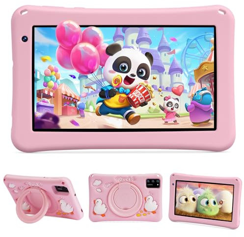 BISAIKASOW Tablet bambini 7 pollici, Android 13, Octa-Core, 8 (4+4) RAM 64 ROM (espandibile con SD), 8+5 MP, 5800mAh, Tablet bambini con custodia in EVA - rosa