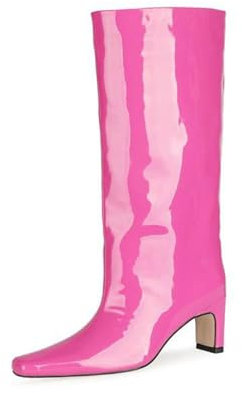 MANYUBEI Stivali Alti da Donna, Stivali al Ginocchio Tacchi Grandi in Pelle Verniciata Tacchi Spessi Punta Quadrata Stivali al Polpaccio Stivali Lunghi, 6 CM/2,36 Pollici, 38 EU, Rose