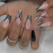 GlamRays Lot de 24 faux ongles à presser, français, en forme de cercueil, avec ligne argentée noire, couverture complète, réutilisables, adhésifs, en acrylique