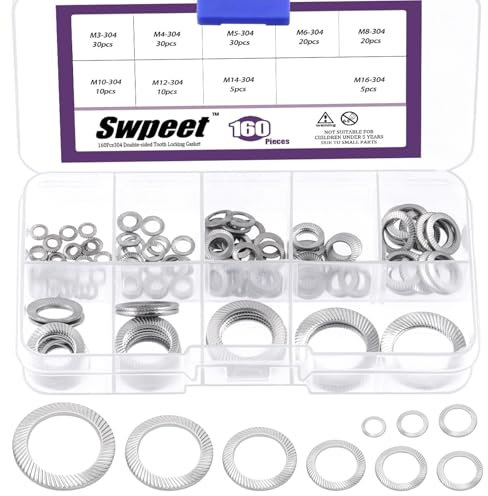 Swpeet Lot de 160 rondelles de verrouillage à double face en acier inoxydable 304 de 9 tailles M3 M4 M5 M6 M8 M10 M12 M14 M16 en acier inoxydable 304