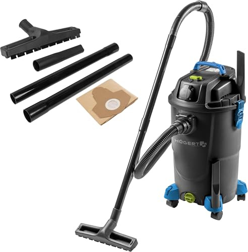 Högert Technik Nass- & Trockensauger, 30 L, 1200 W, antistatischer Schlauch, Blasfunktion, Steckdose 2000 W, 4 schwenkbare Räder, 2 m Schlauch, 4 m Kabel