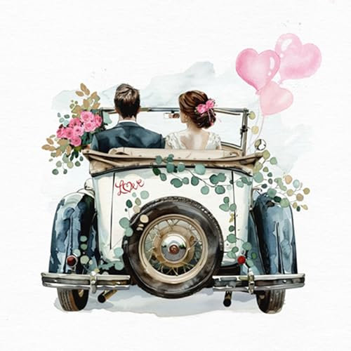 Servietten Papier 33x33cm 3-lagig 20 Stk - hochwertig & nachhaltig - Einweg Hochzeitsservietten Auto mit Brautpaar - Papierservietten für Hochzeit Gastronomie Alltag - Just Married Motiv Weiß Rosa