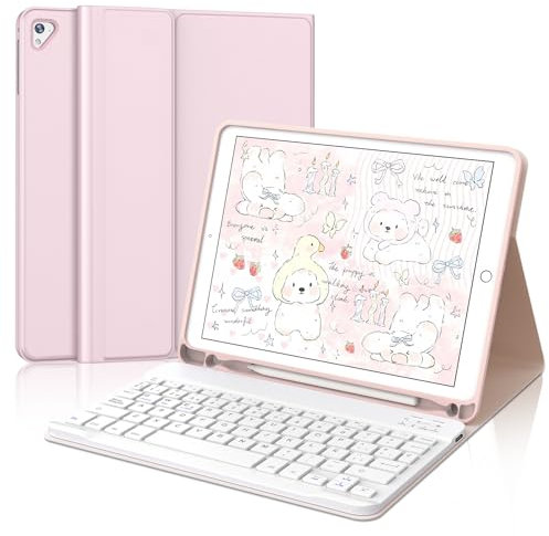 IVEOPPE Teclado para iPad 6/5 generacion 9.7/Air 2/Air 1/Pro 9.7, Funda Teclado Español Ñ QWERTY Bluetooth Desmontable para iPad 2018, Rosa