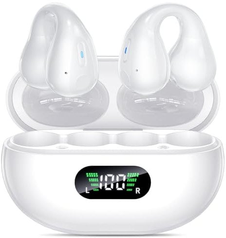 Open Ear Clip Wireless Earbuds Bluetooth 5.3, Sports Earphones Built-in Microphone with Earhooks & Ear Hook, Wireless Charging Case & Display, Waterproof Fitness Headphones for Sports,White