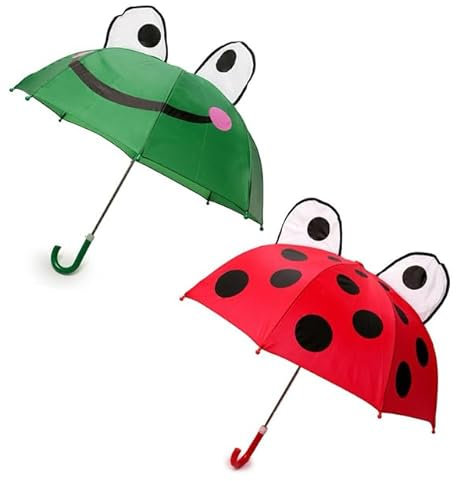 KAV Kids Striped Dome Umbrella – Lightweight, Auto-Open, Windproof & Waterproof Parasol for Boys & Girls – Durable, Stylish, Easy to Carry & Perfect for School, Travel, and Outdoor - Frog & Ladybug