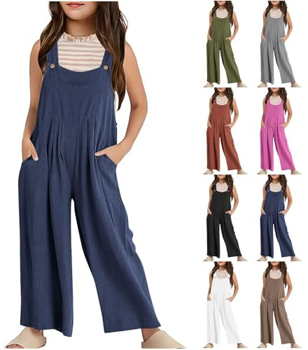 Kids Girls Wide Strap Casual Dungarees Sleeveless Wide Leg Long Jumpsuits Youth Teen Summer Loose Romper with Pockets Teen Girl Solid Wide Strap Wide Leg Dungarees (Navy, 11-12 Years)