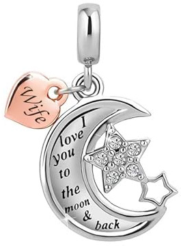 Two-tone Love Heart Moon Star I Love You to the Moon and Back Dangle Charm fits Pandora Charms Bracelets for Family Women