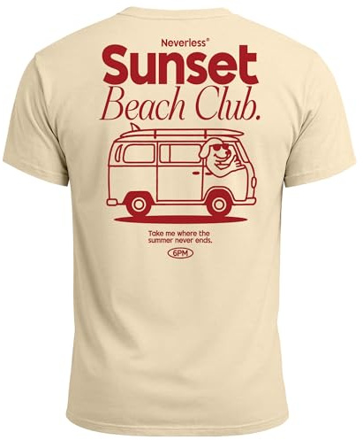Neverless® Herren T-Shirt Sunset Beach Club Retro Shirt– Sommer Rückendruck im Vintage Look – Kurzarm Baumwollshirt