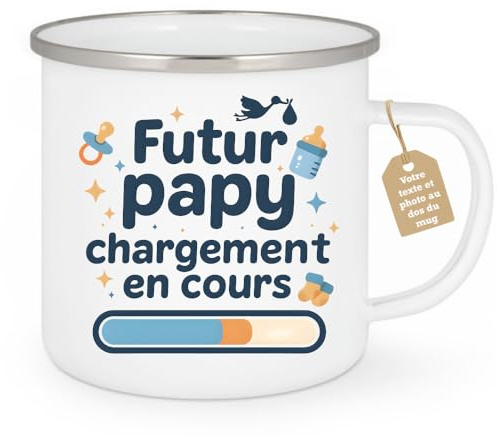 quotedazur Café-Croissant - Mug Personnalisé Tasse Cadeau Noël Futur Papy Chargement En Cours - Blanc/Emaillé Papou Pépé Fête Des Grand-Pères Papi Annonce Naissance