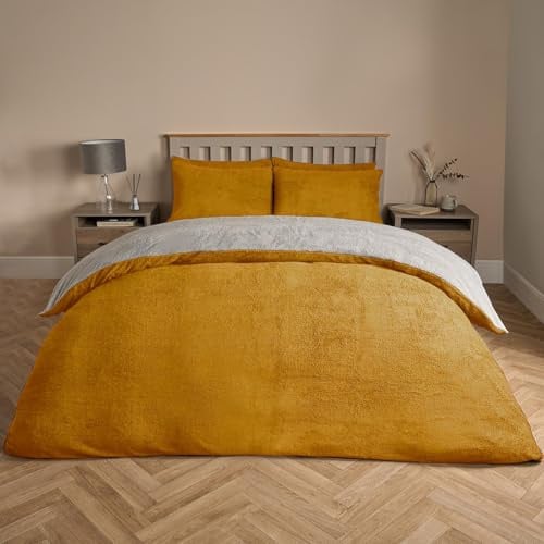 Brentfords Reversible Teddy Fleece Duvet Set, Super Soft Cosy Warm Thermal Winter Single Duvet Cover Set Plain Dye Fluffy Single Teddy Bear Bedding with Pillowcase, Ochre/Grey