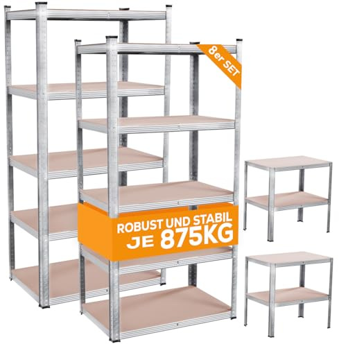 Tronitechnik® Schwerlastregal, 8er Set, Kellerregal, Lagerregal, 90 x 40 x 180 cm x 2, Regal mit Stahlgestell, jeweils bis 875 kg belastbar, verstellbare Ablagen