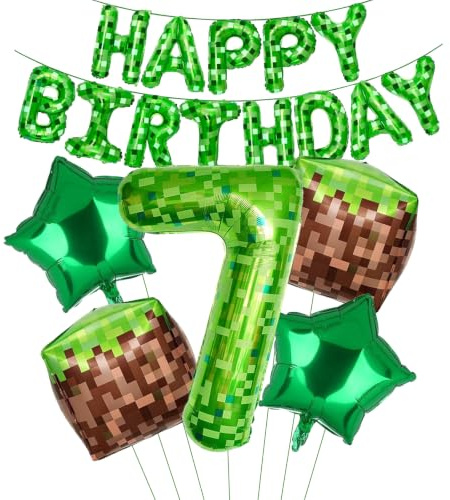 Mavouri Pixel Geburtstagsdeko 7 Jahre Junge mit Happy Birthday Ballon, Pixel Miner Luftballon 7 Jahre Junge, Grün Pixel 40 Zoll Luftballons Zahlen 7, Videospiele Helium Ballon 7 Geburtstag Jungen