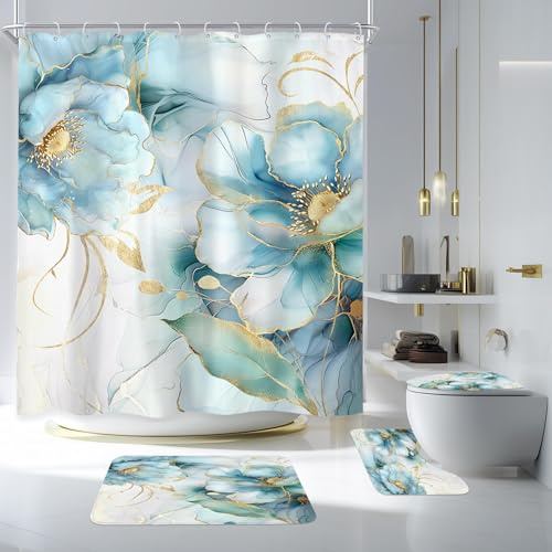 Newsely 4-teiliges Marmor Blaugrüner Duschvorhang-Set mit rutschfesten Teppichen, WC-Deckelbezug und Badematte, abstraktes Ombre Blumen-Duschvorhang mit 12 Haken, moderner Badvorhang für