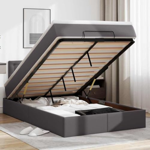 ACAGALA Boxspringbett mit Bettkasten 120x200 cm, Einzelbett Polsterbett mit Matratze, Stauraumbett mit LED-Kopfteil und USB-Anschlüsse, Bettgestell mit Lattenrost aus Holz, Kunstleder, Grau