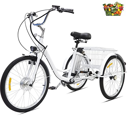 Elektrische Dreiräder für Erwachsene Elektrofahrräder mit Gepäckkorb Niedrigrahmen-Elektrodreiräder für Senioren und Frauen 24-Zoll-E-Bike mit herausnehmbarem 36V13Ah Lithium Ionen Akku (white)
