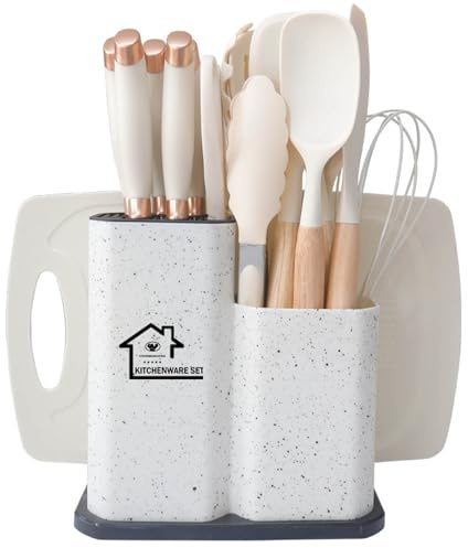 Kitchen Utensil Set with Knife Set and Chopping Board – Heat Resistant Silicone Utensils with Wooden Handle, Spoons, Ladles & Spatula – Stainless Steel Knife Set - 19pcs Kitchen Set for Home