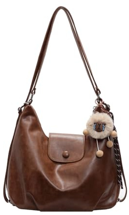 AIFILLE Damen Umhängetasche Schultertasche, geräumige Alltagshandtasche | Vintage‑Stil,3‑in‑1 Trageweise,auch als Rucksack nutzbar,abnehmbarer Plüsch‑Anhänger, Crossbody Bag, Alltag Büro Reise