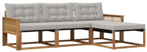vidaXL Outdoor-Sofagarnitur mit Kissen 4 pcs Natürlich und Hellgrau, Garten Sofa, modernes Eckmöbel, strapazierfähiges Set für die Terrasse, ideal zum Entspannen