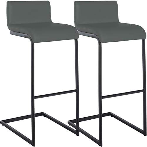 CLP Barhocker 2er Set mit Lehne Newport, Barstühle Küche mit schwarzen Edelstahlgestellen und integrierter Fußstütze | Farbe dunkelgrau Material Kunstleder